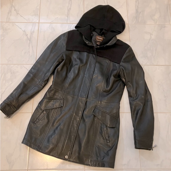 Danier Jackets & Blazers - Danier black leather long zip jacket with removable sweater hoodie.  EUC!